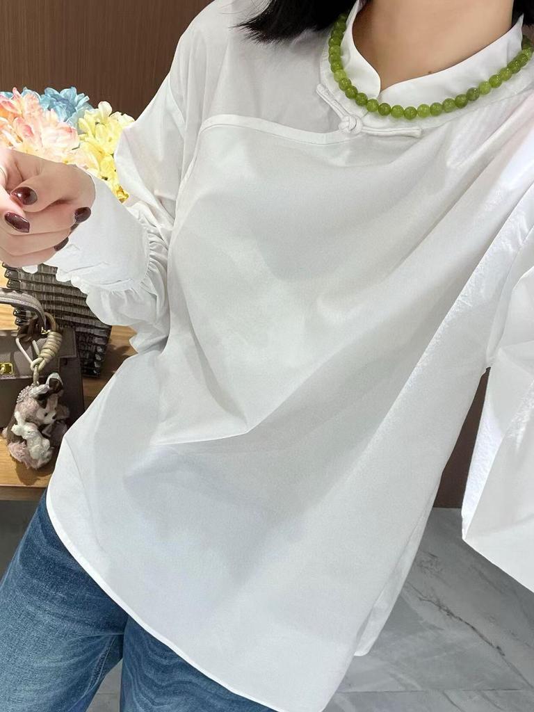 Rong Tai Women's 2026 White Puff Sleeve Stand Collar Shirt in Lightweight Chinese Style