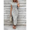 Damen Sommer Temperament Elegant Taille Binden Streifen Rundhals Kurzarm Lange Kleider