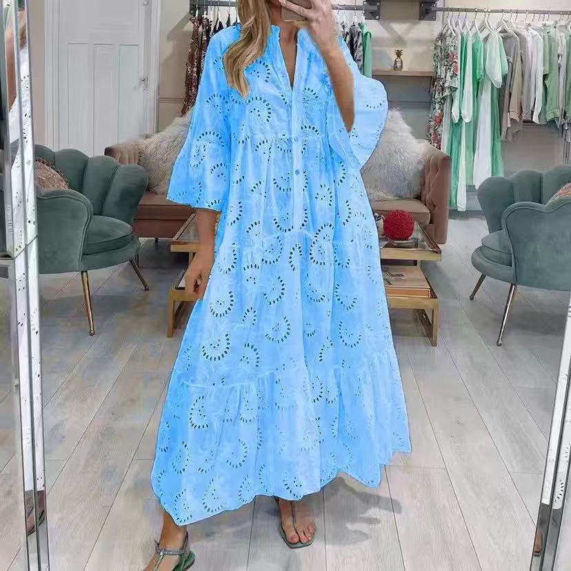 IHUASU 8 Colors S-5XL Women's Fashion Summer Spring Solid Color Print 3/4 Sleeve V-Neck Casual Dresses