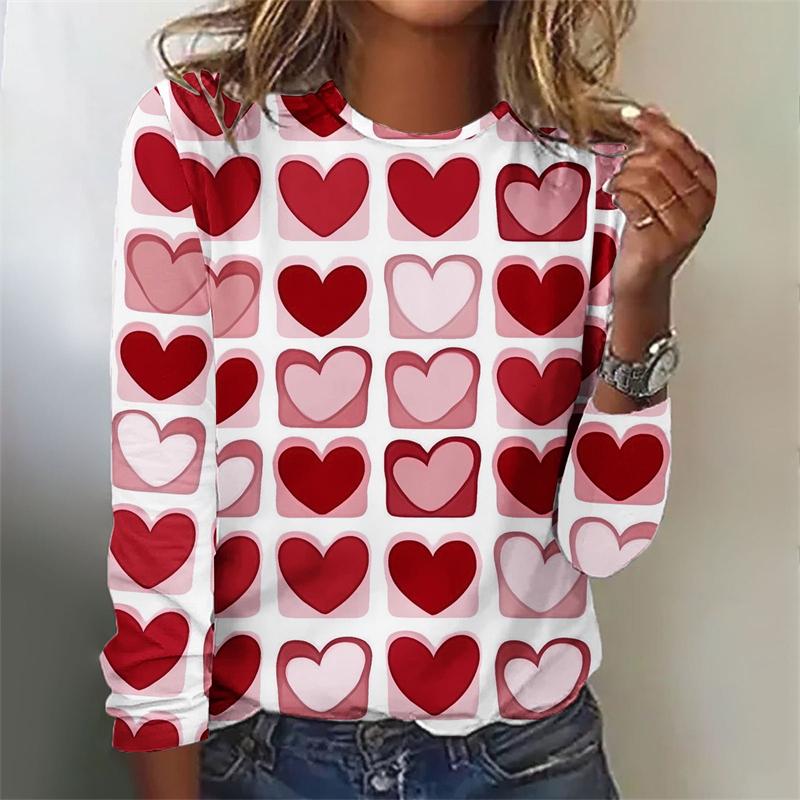 Spring and Autumn Round Neck 3D Love Heart Graphic Printed Top Fashionable Elegant Casual Long Sleeved Women's T-shirts