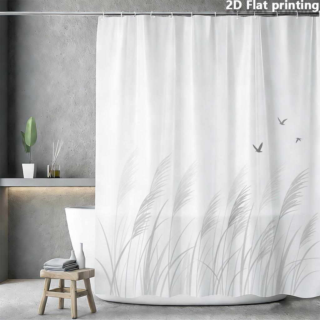 2D Flach, 2D Flach, 1qc 2D Flachdruck Duschvorhang mit Grauen Schilfrohren und Fliegenden Vögeln | Polyester, 100-120 g/m², Inklusive Ösen
