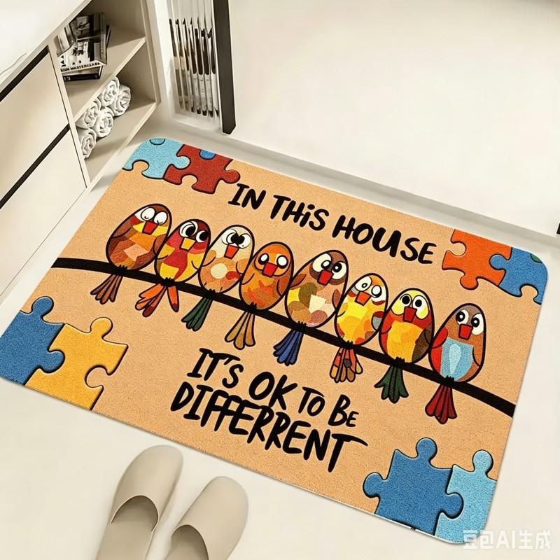 Tapis de porte Antidérapant Dans cette maison Tapis de bienvenue Puzzle de sensibilisation à l'autisme Tapis de sol Oiseaux colorés Tapis d'entrée de cuisine 40x60cm black