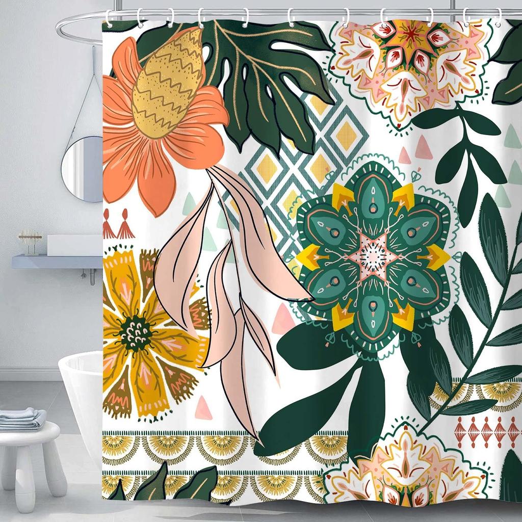 Boho Floral Shower Curtain, Abstract Mid Century Morden Bohemian Decor Bath Curtains, Botanical Flowers Tropical Leaves Waterpro