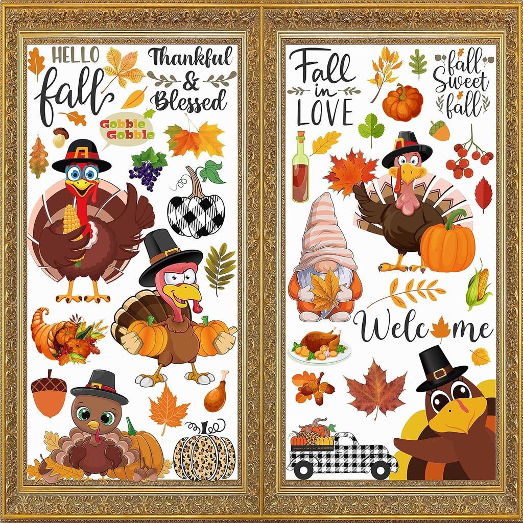 Thanksgiving Window Clings Double Sided Fall Leaves Autumn Window Clings for Glass Cute Turkey Gnome Autumn Window Stickers Fall Window Stickers Home