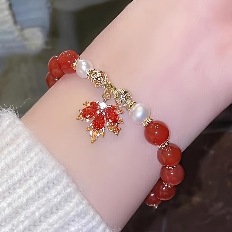 1pc Maple Leaf Pendant Bracelet Red All-Match Bracelet, Elegant Maple Leaf and Red Bead Bracelet with Pearls - Fashion