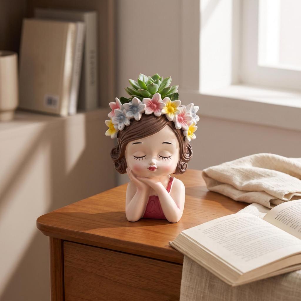 Girl Bust Flowerpot Indoor Head Planter Decorative with Flower Crown for Plant Lovers,