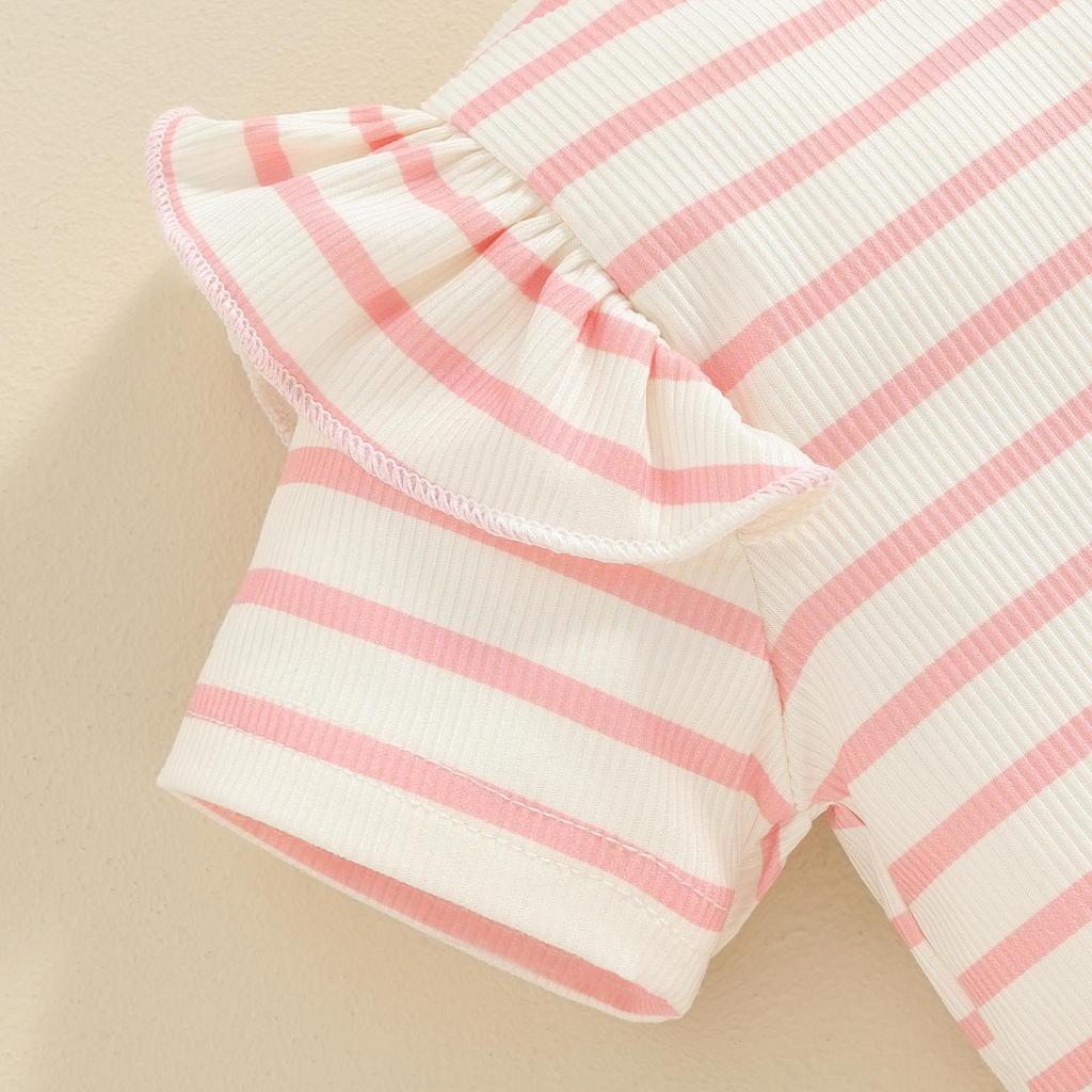 Little Girl 2 Piece Summer Set 6 12 18 24 Months 3 4 Years Round Neck Short Sleeve Striped Tops + Elastic Waist Wave Hem Shorts Infant Toddler Outfits