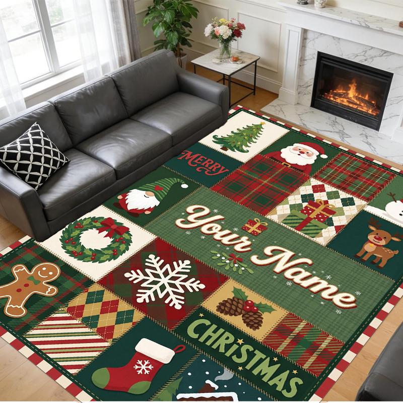 Christmas Custom Name Printed Square Area Rug Soft Non Slip Floor Carpet For Bedroom Holiday Gift