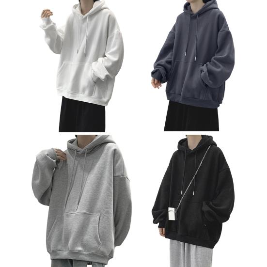 Menn Høst Vinter Hettegenser Snøring Ren farge Elastisk mansjett tykk Plus Size Big Patch Lomme Hette Løs Hold varmen Midt lengde Sport Par Topp