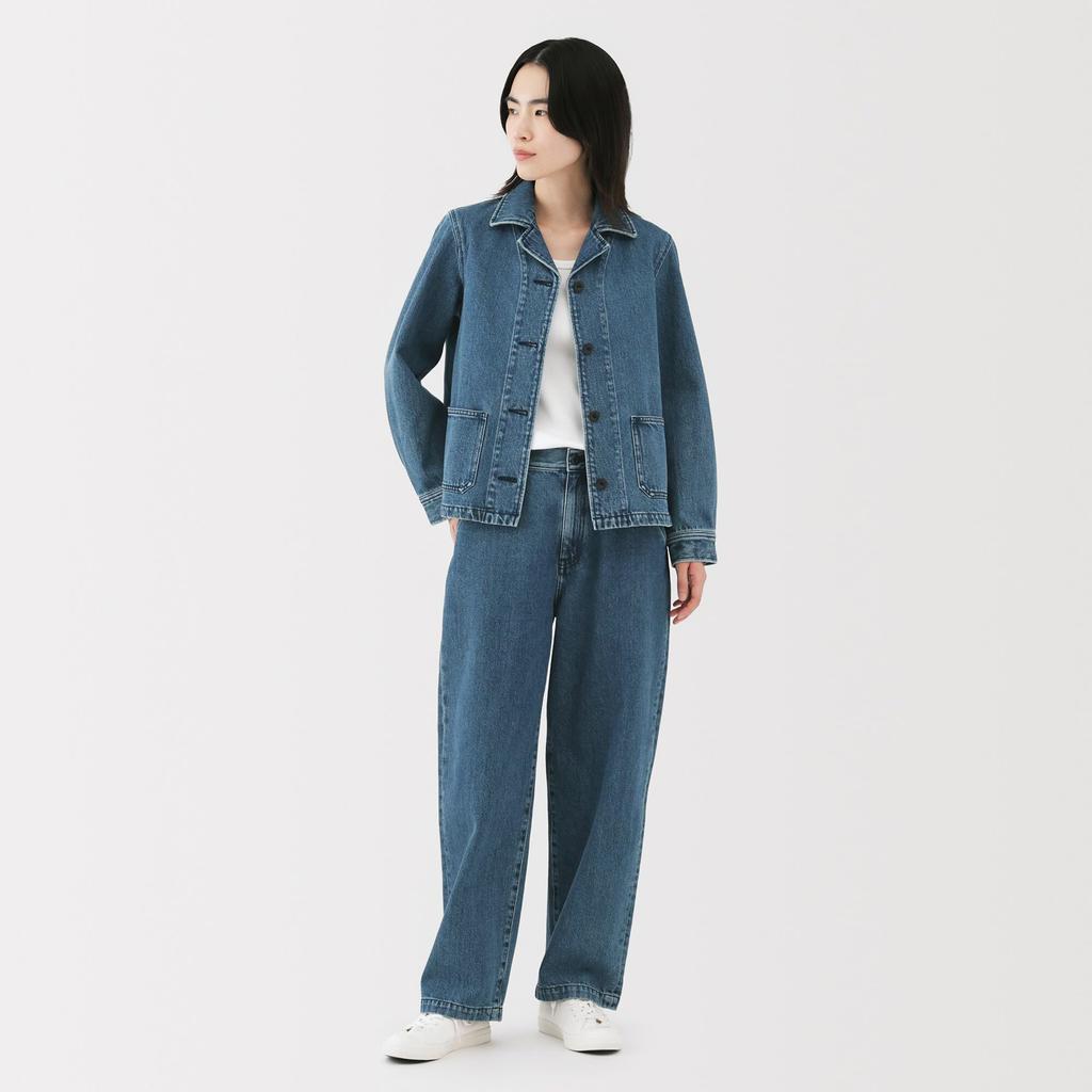 MUJI Women's Kapok Blend Denim Wide Tapered Pants, Light Blue, Size L (BE1V4A5S)