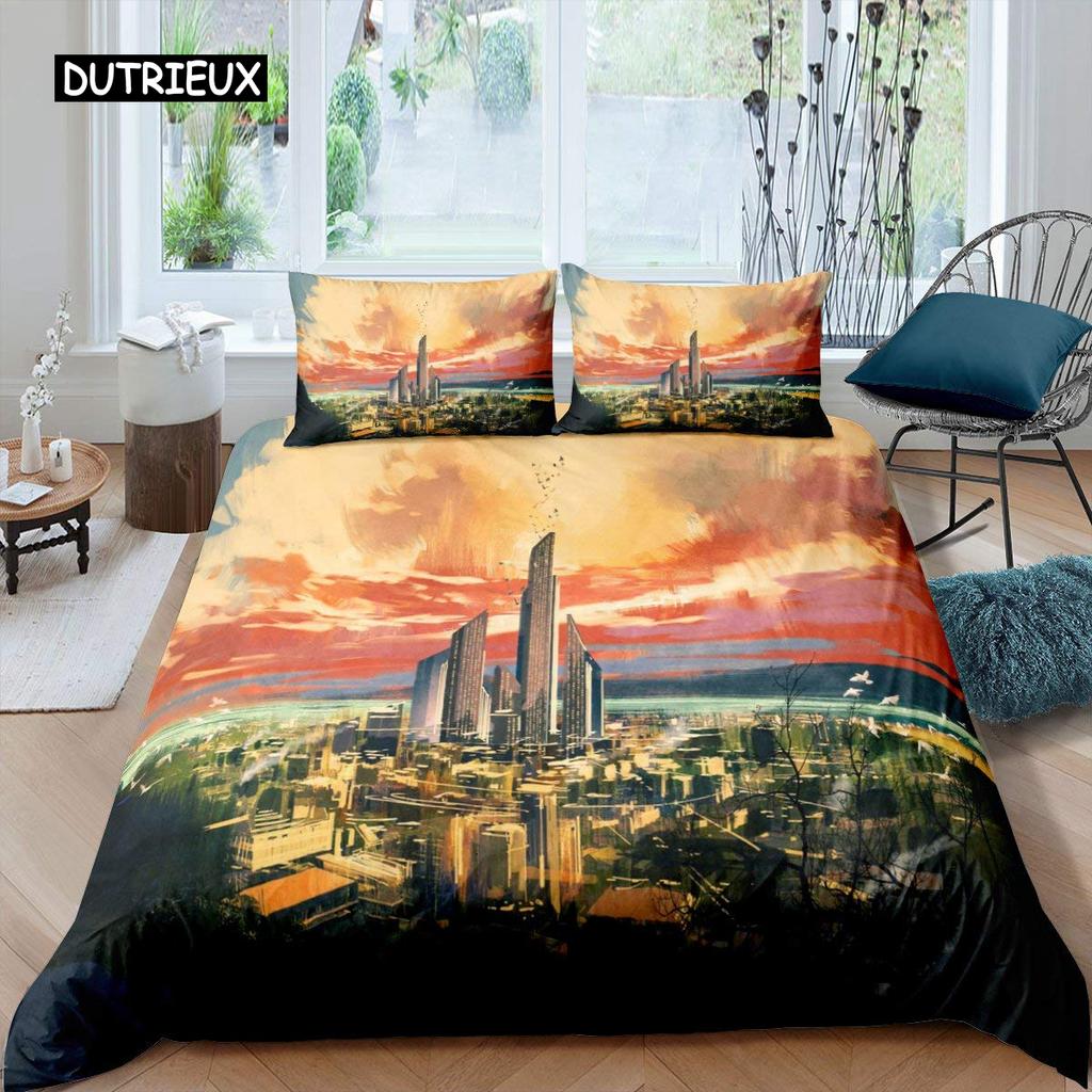 Cityscape Duvet Cover Set New York City Night View Quilt Cover for Boys Adults Microfiber Building Bedding Set 2/3Pcs King Size