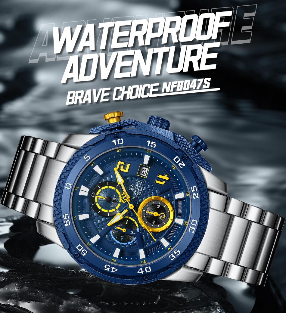NAVIFORCE Мужские модные повседневные водонепроницаемые часы-хронограф из нержавеющей — фото 7