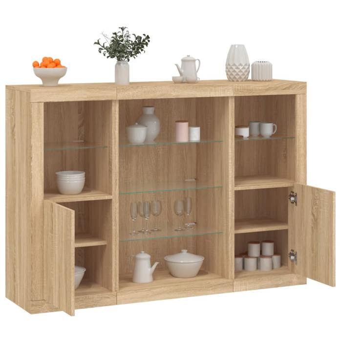 VidaXL Buffets with LED Lights 3 Pcs Sonoma Oak Engineered Wood, Buffet Cabinet, Kitchen Storage Furniture, Furniture 3209130