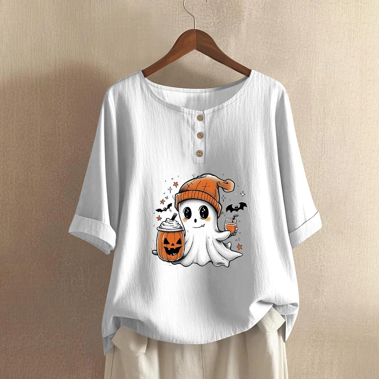 

Женская модная и повседневная рубашка с полурукавом, круглым вырезом, принтом, из хлопка и льна, блузка-топ S белый