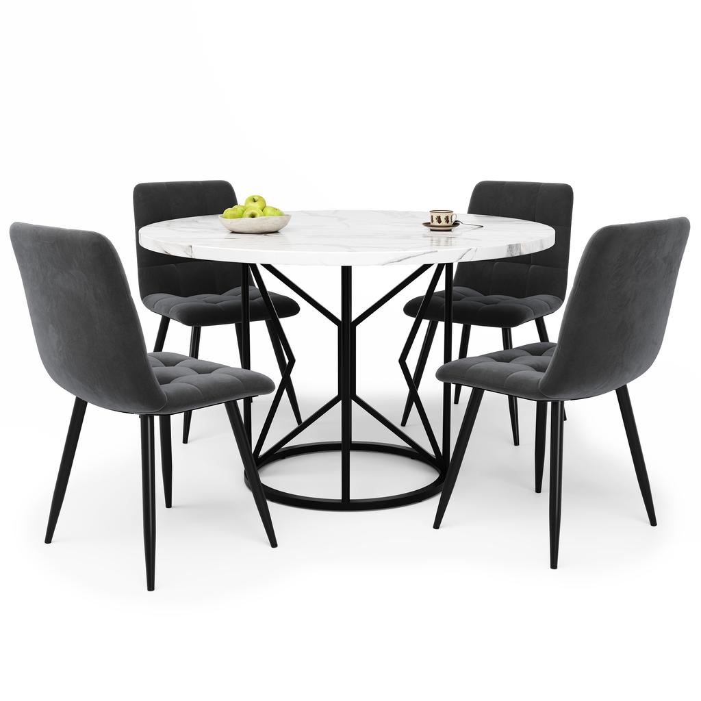 Esstisch-Set (5-teilig), Esstisch-Set mit 4 Stühlen, Runder Esstisch mit 100 cm Durchmesser, Weiße MDF-Tischplatte, Grauer Samt-Esszimmerstuhl