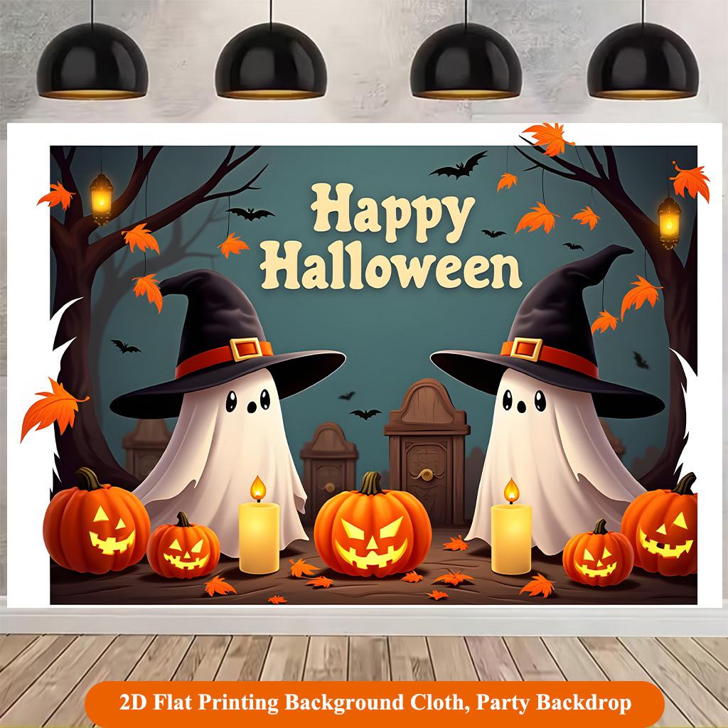 1 piece of 2D Flat background fabric, Halloween ghost and pumpkin lantern background fabric, multi-functional polyester