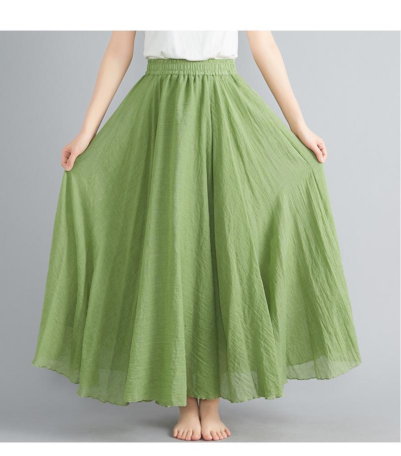2024 Japan & Korea Loose Cotton-Linen Elastic Waist Midi Skirt – Solid Color A-line Swing Skirt