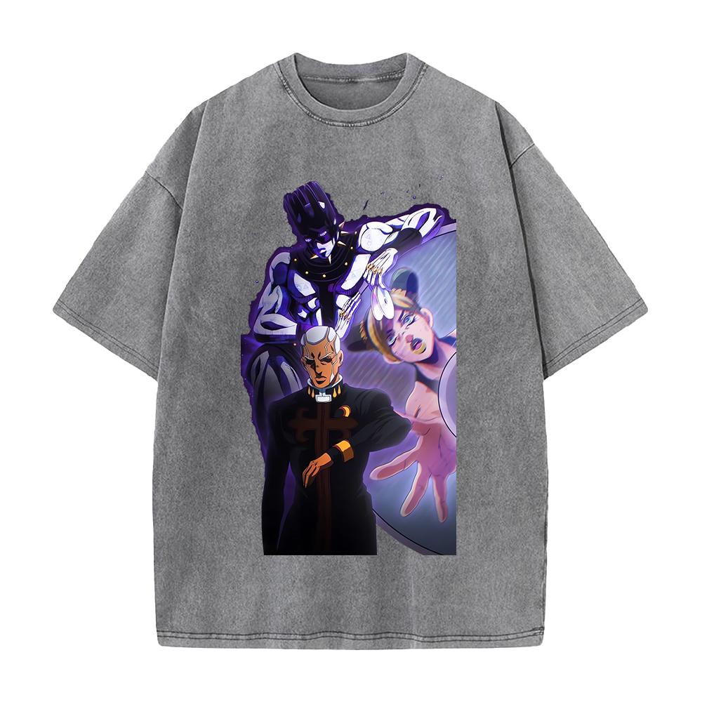 Футболка с принтом Джолин Пуччи JoJo s Bizarre Adventure Аниме Одежда Мужская Женская Хлопковые Футболки Винтажная Стирка Футболка Харадзюку S серый 1590₽