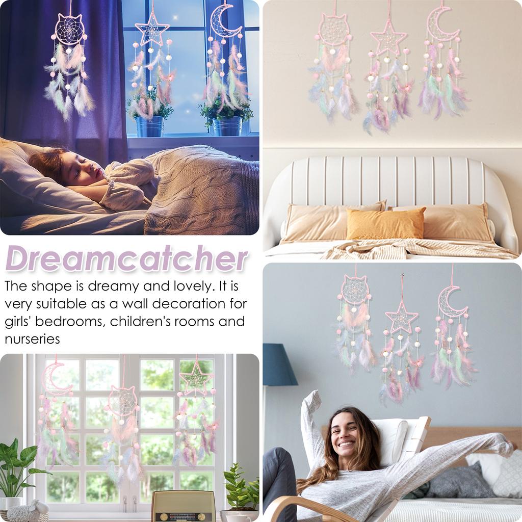 Dream Catcher Wall Decor Pink Feather Dreamcather Star Moon Wall Hanging for Girls Kids Bedroom Decor Birthday Christmas Gifts