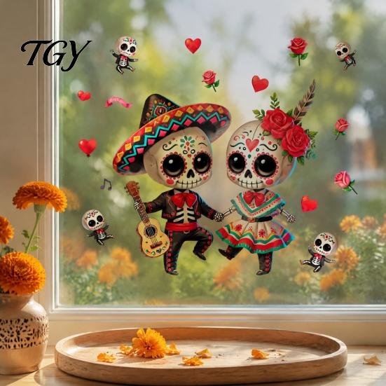 Decorative PVC Static Clings Halloween Cartoon Skeleton Couple Window Stickers, Waterproof Day of The Dead Decals, Traditional Mexican
