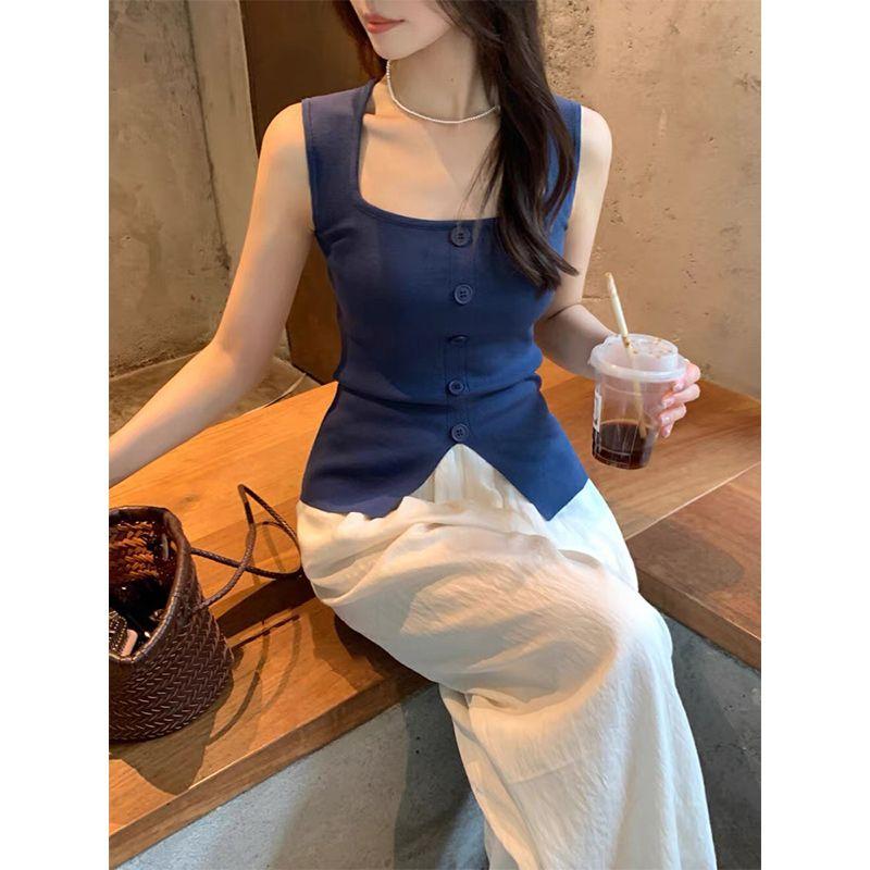 

Квадратный вырез, вязаный топ на бретелях из ледяного шелка для женщин, летний новый стиль, уникальный облегающий и короткий топ без рукавов с разрезом S синий