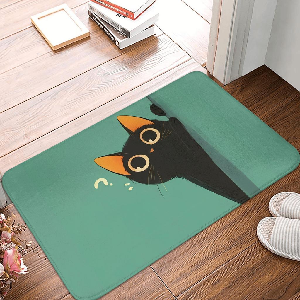 Curious Black Cat Fashionable Style Door Mat Machine Washable for Bathroom Bedroom Living Room Entrance