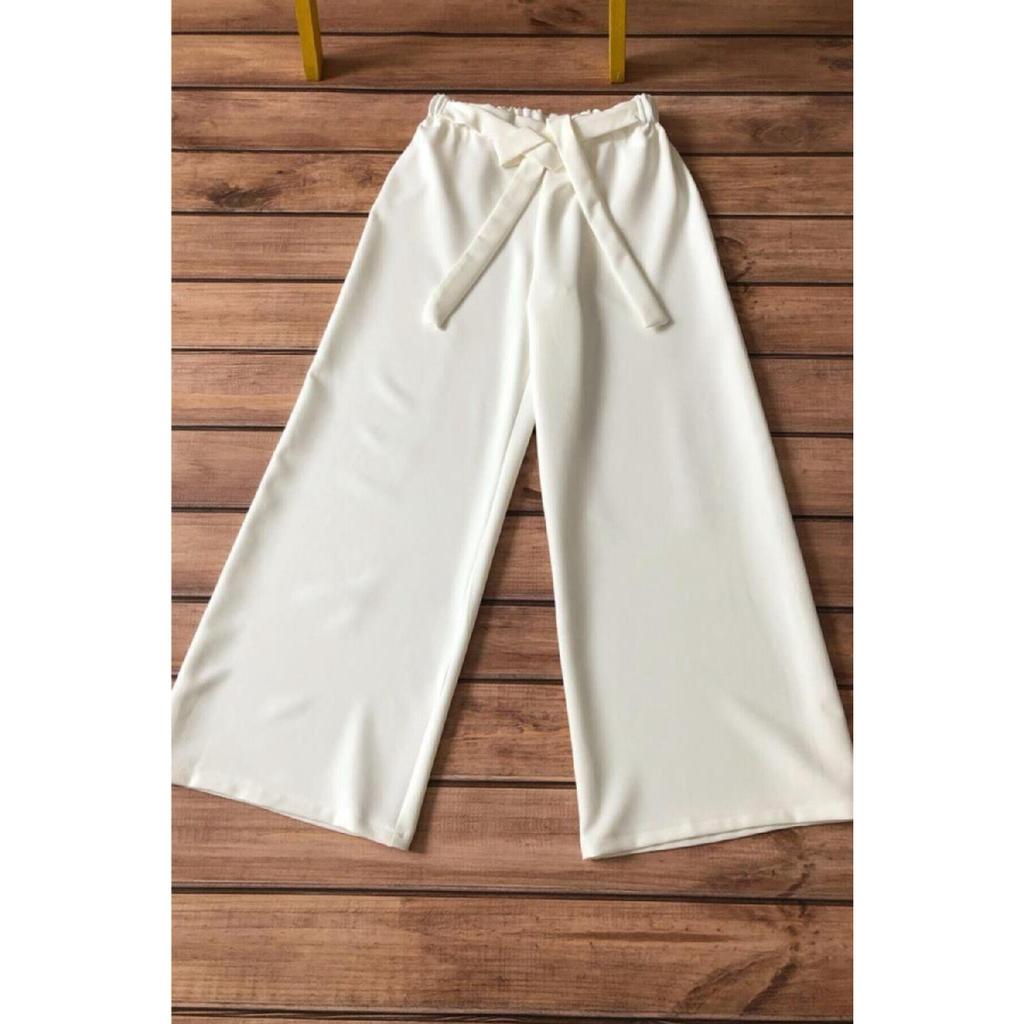 Women's Elastic Waist Double Crepe Wide Leg Black Trousers