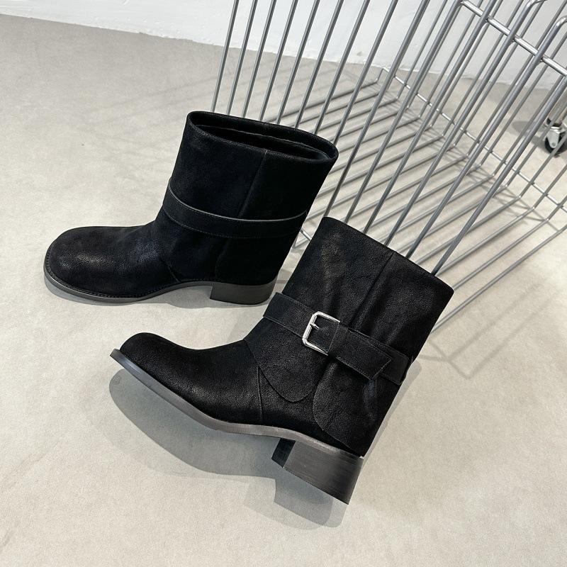 

Thick-soled thick-heeled short boots Martin shoes women s 2025 autumn new models belt buckle western cowboy boots tube boots Xinjiang boots 35 чёрный