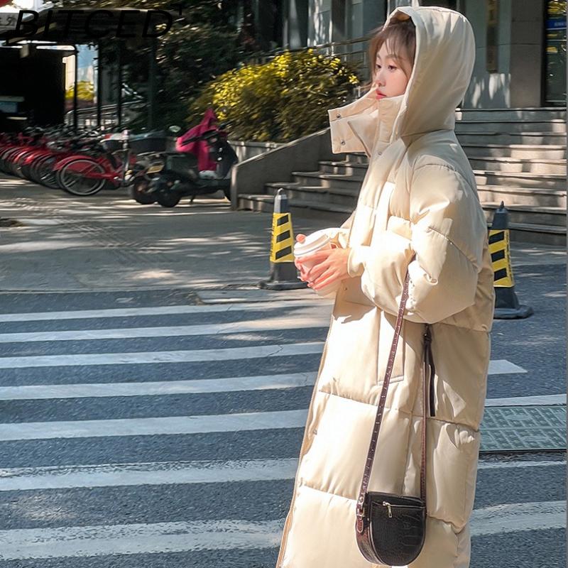 BITCED Women's Long Winter Coat - Knee-Length, Loose-Fit Down Jacket, Thickened Cotton-Padded Coat