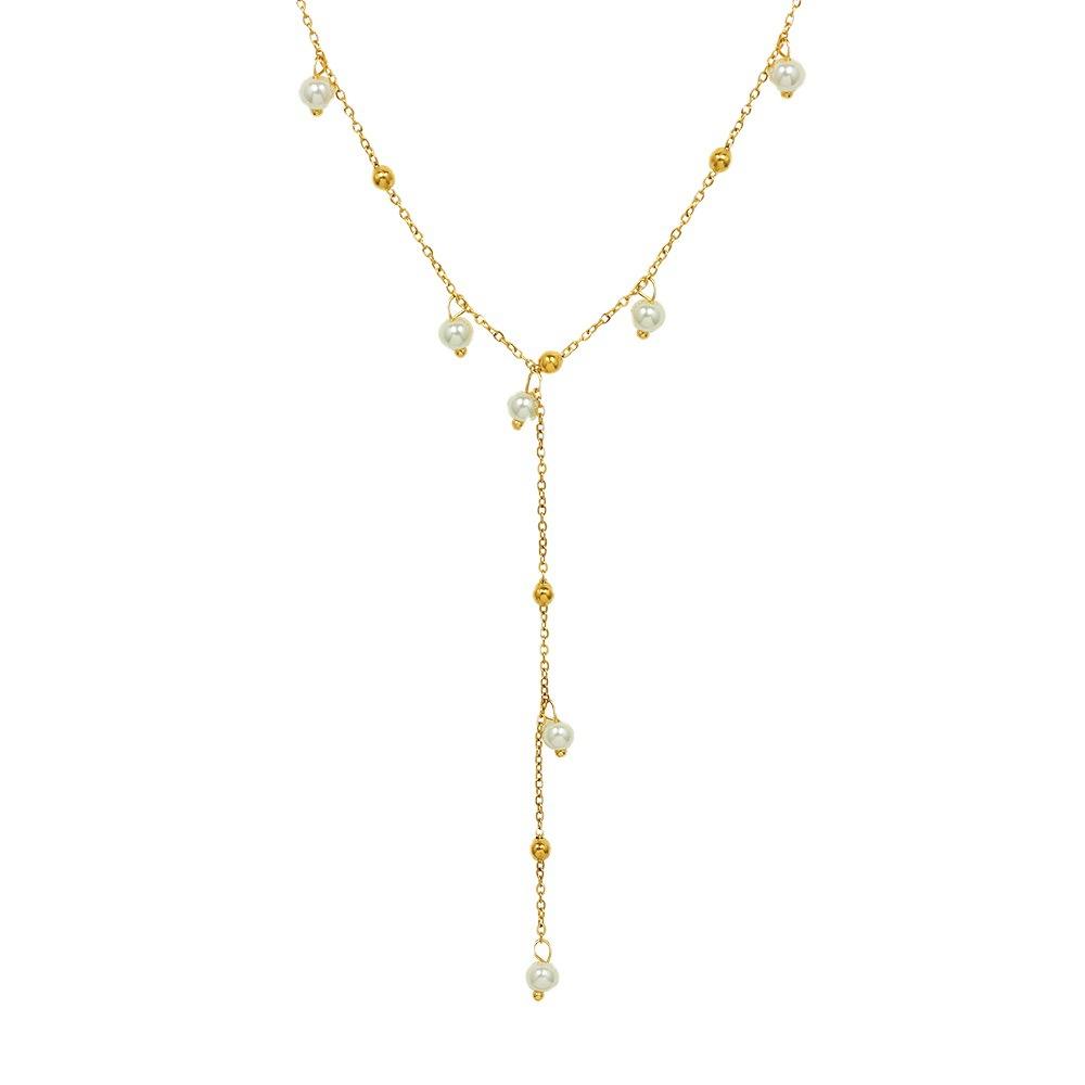 Fenny  18K Gold Plated Imitation Pearl Satellite Dainty Chain Tassel Y-shaped Stainless Steel Necklace for Women