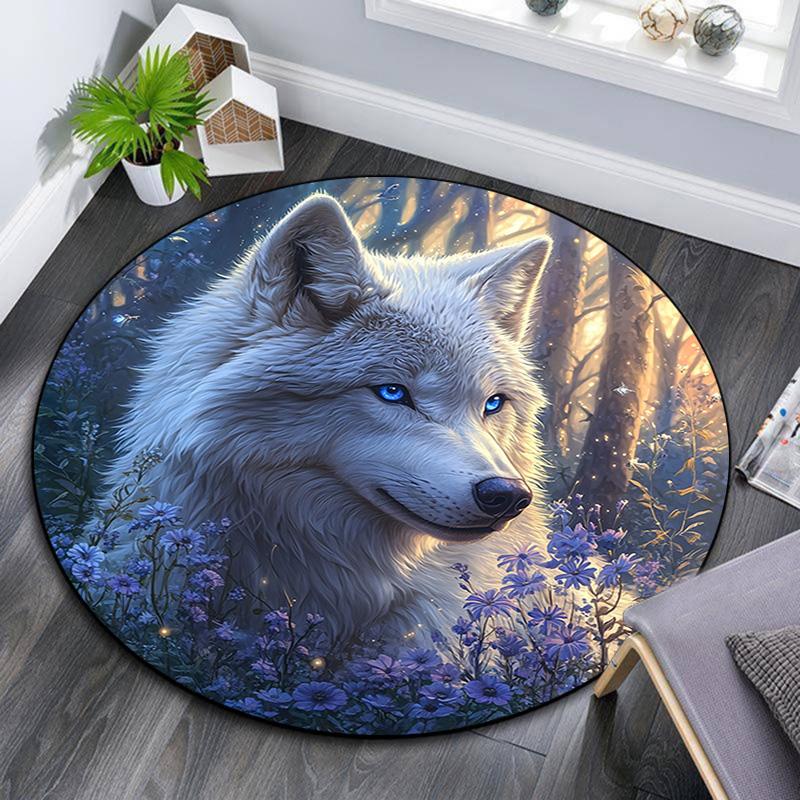 Wolf in Moonlit Round Area Rug,Carpet Rug for Living Room Bedroom Sofa Playroom Decor,Non-slip Floor Mat