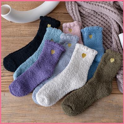 Home Indoor Cozy Floor Socks Winter Warm Soft Coral Fleece Socks Cute Heart Embroidery Thick Socks Fluffy Terry Short Sox Female
