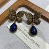 Medieval Vintage Lapis Lazuli Blue Butterfly French Retro Earrings Old Gold-Plated Niche Exaggerated Temperament Ears