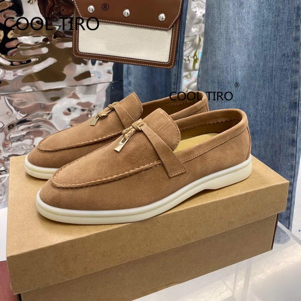 Woman Flat Shoes Slip On Women Loafers Leather Metal Lock Blue Suede Moccasins Mules Casual Driving Shoe Summer Walk Shoes Femme