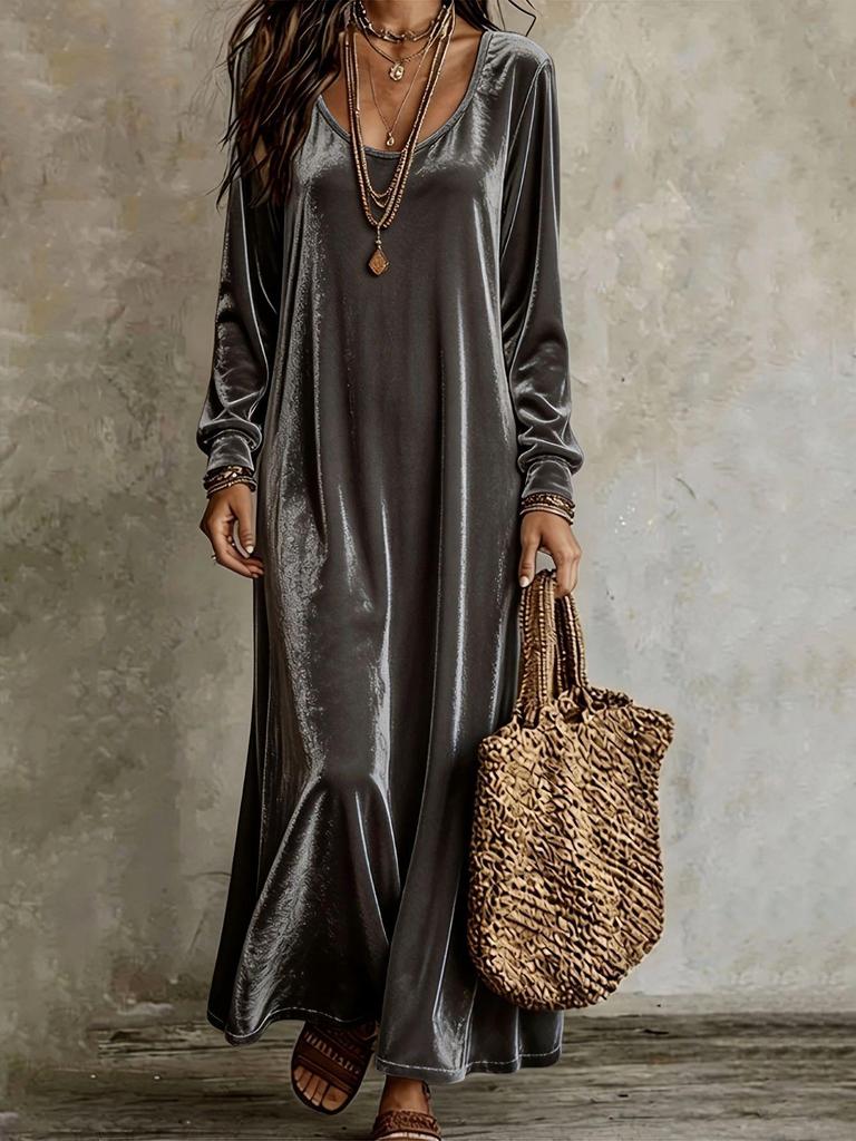 Elegant 2026 European & American Velvet Long-Sleeve Dress for Women