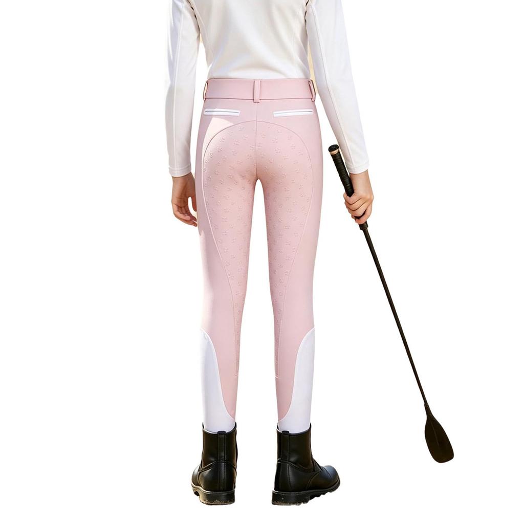 Kids Girls Horse Riding Tights Color Blocked Non Slip Full Seat Breeches with Pockets Belt Loop for Equestrian Sports