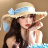 Womens Wide Brim Straw Hat With Blue Gingham Bow Tie Beach Vacation Sun Protection