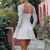 Elegantes, figurbetontes Minikleid für Damen, Spitze, langärmelig, weißes Kleid für Frühling und Sommer, tief ausgeschnittenes Rückenkleid zum Binden, Tunikakleid, Partykleidung