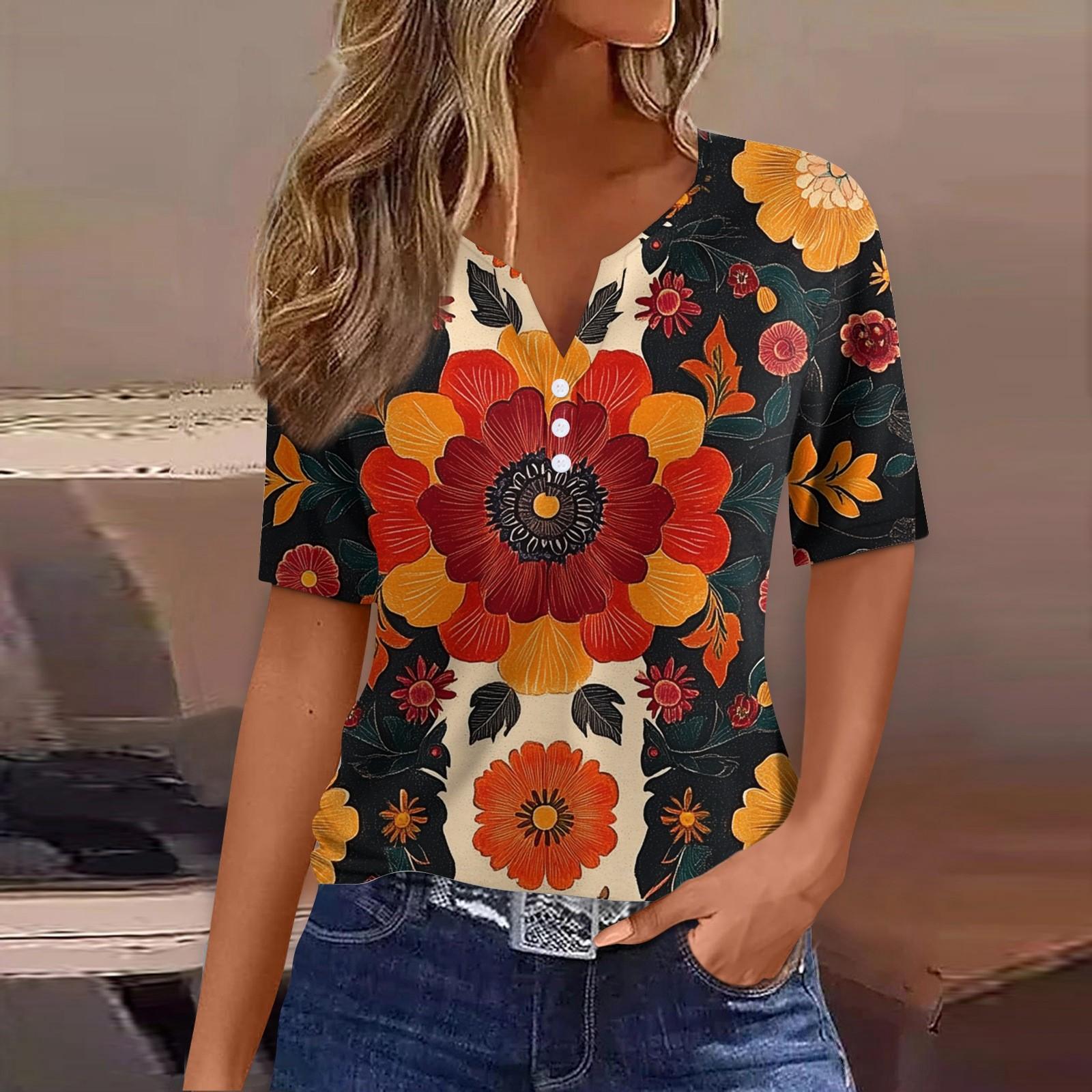 

Жен. Футболка Футболка С принтом Пуговицы С короткими рукавами Повседневные Выходные Мода Классический V-образный вырез Обычный Верх XL винный