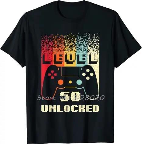 Vintage 50th Birthday Game Level 50 Unlocked 50 Years Old Gamer TShirt Video Games Retro Fiftieth Bday Tshirt Men T Shirt Tops