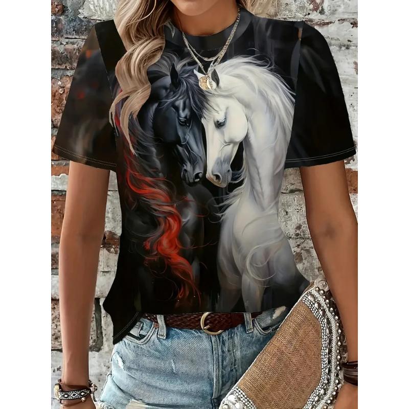 Moda Donna Girocollo Manica Corta Stampa Animale Colorata 3D T-shirt Manica Corta Girocollo con Animali