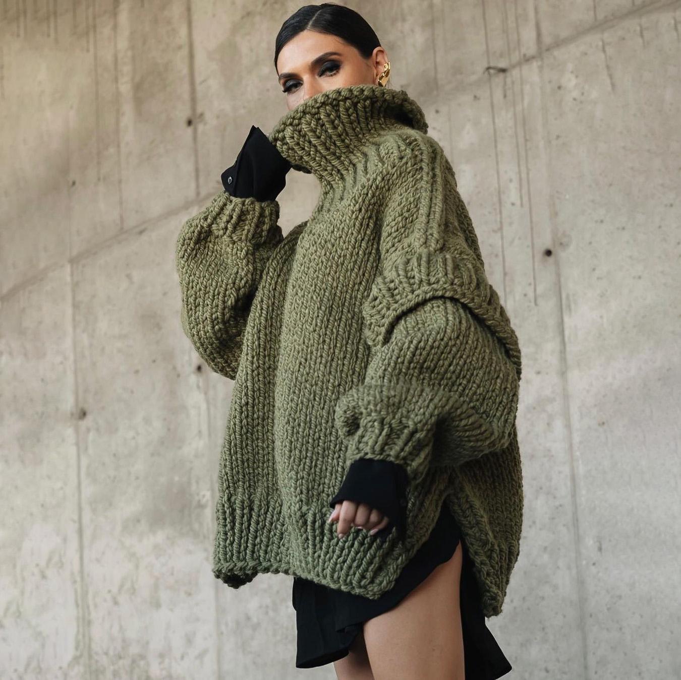 

Осень-зима Винтажный свободный топ с длинными рукавами Однотонный пуловер Трикотажная одежда Свитер с воротником-стойкой XL армия зеленый