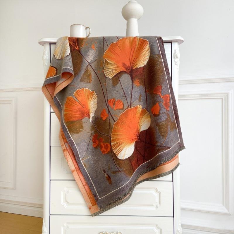 Ink painting, flower imitation cashmere printing scarf, new elegant women's warm scarf, fashionable retro shawl
