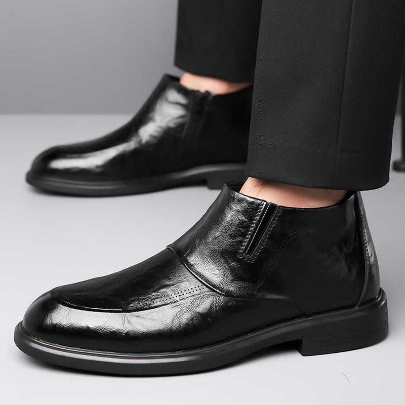 Men Comfortable Side Zipper Short Boots Autumn Winter New High Top Cowhide Formal Wear with Plush Warm Leather Shoe