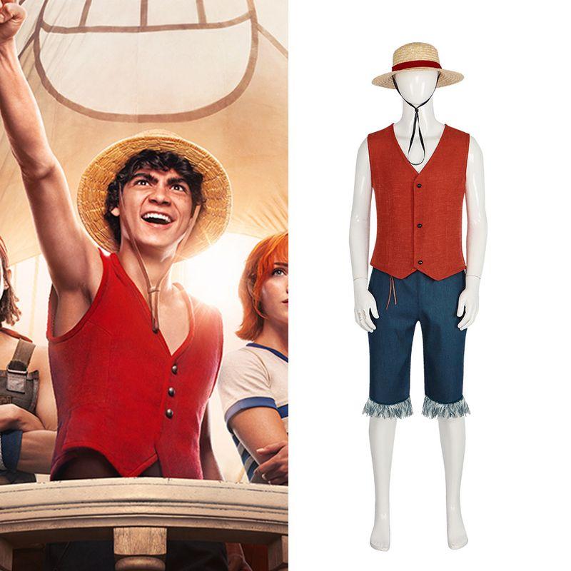 One Piece Cosplay Costume, Same Style as the Live-Action Movie Version, Luffy Cosplay Costume, Halloween Stage Performance Costume Real Life Version of Luffy Clothes XXL