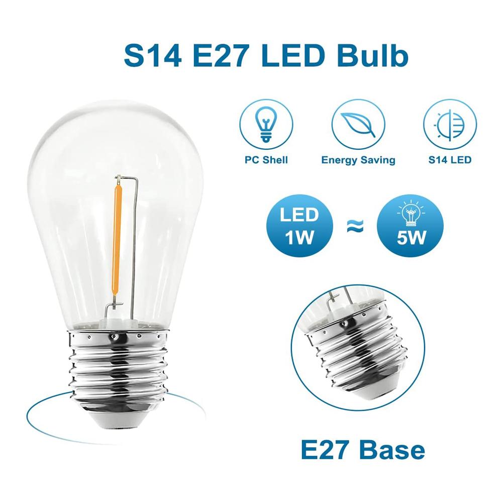 Pacote com 10 Lâmpadas LED Filamento S14 para Luzes de Fio E26 E27 1W 2W Branco Quente Cobertura de PC 5V 24V 220V Decoração Externa