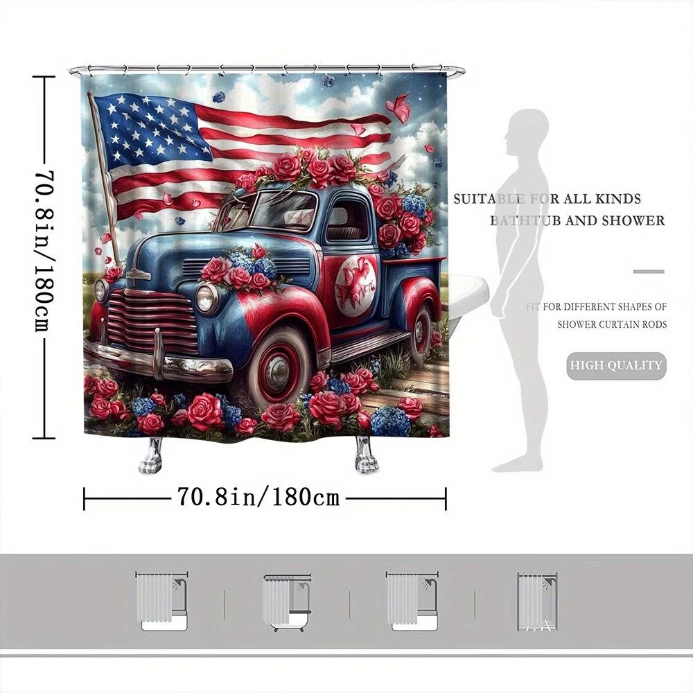 ~O~Vintage Patriotic Shower Curtain - American Flag & Roses, 72x72", 12 Hooks, Fade-Resistant, Machine Washable, High-Def Print