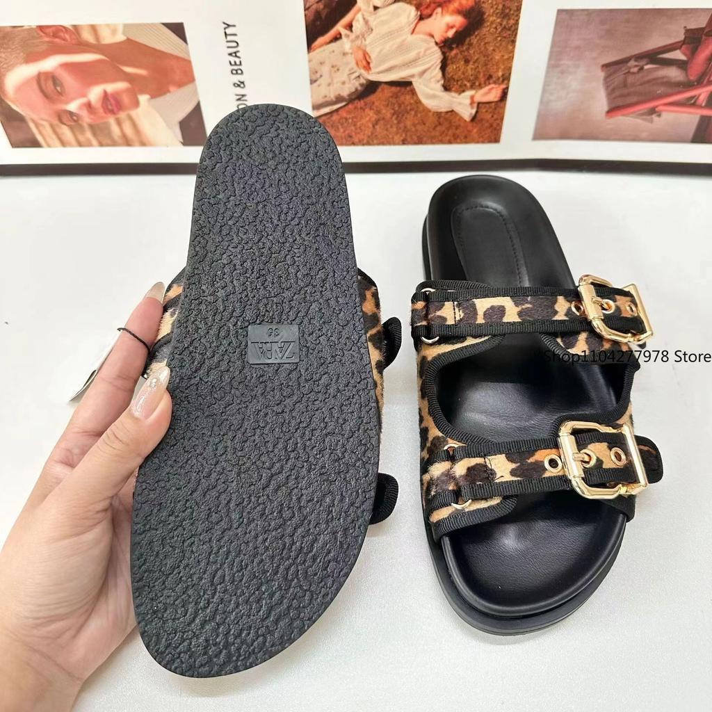 Fashion High Quality Leopard Metal Buckle Design Women Slippers Sexy Comfort Non Slip Slide Sandals Summer Platform Flip Flops Size 43