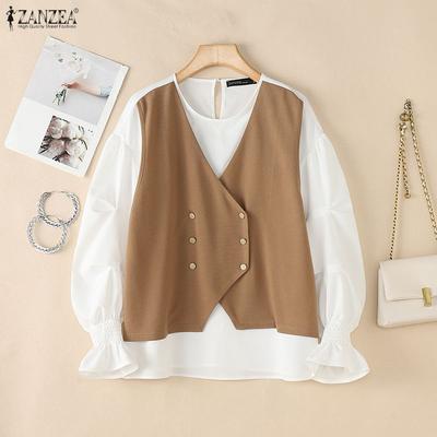 Women Casual Round Neck Long Sleeve Loose Patchwork Blouse