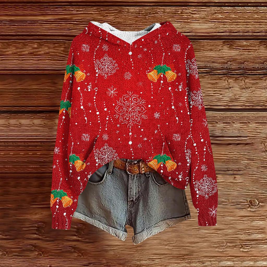 Women's Fashion Casual Long Sleeve Christmas Print Hooded Knitted Sweatshirt